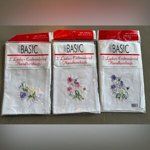 Lot 3 Pkg 2 Embroidered Handkerchiefs Each Floral Design VTG 100% cotton